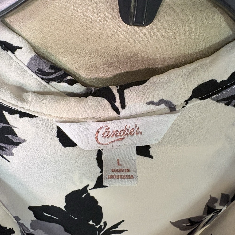 Candie's Women's L Chiffon Floral Button-Up Blouse White Black Gray Long Sleeve - Picture 9 of 13